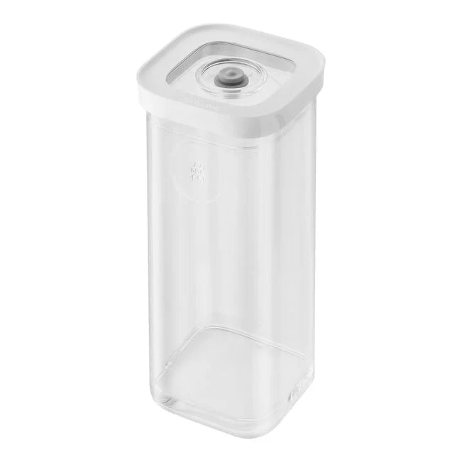 Clear plastic container with a white lid on a white background