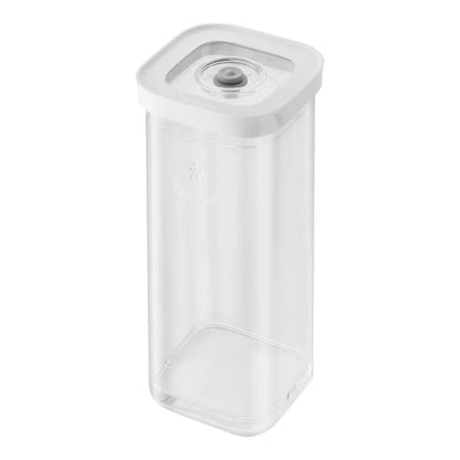 Clear plastic container with a white lid on a white background